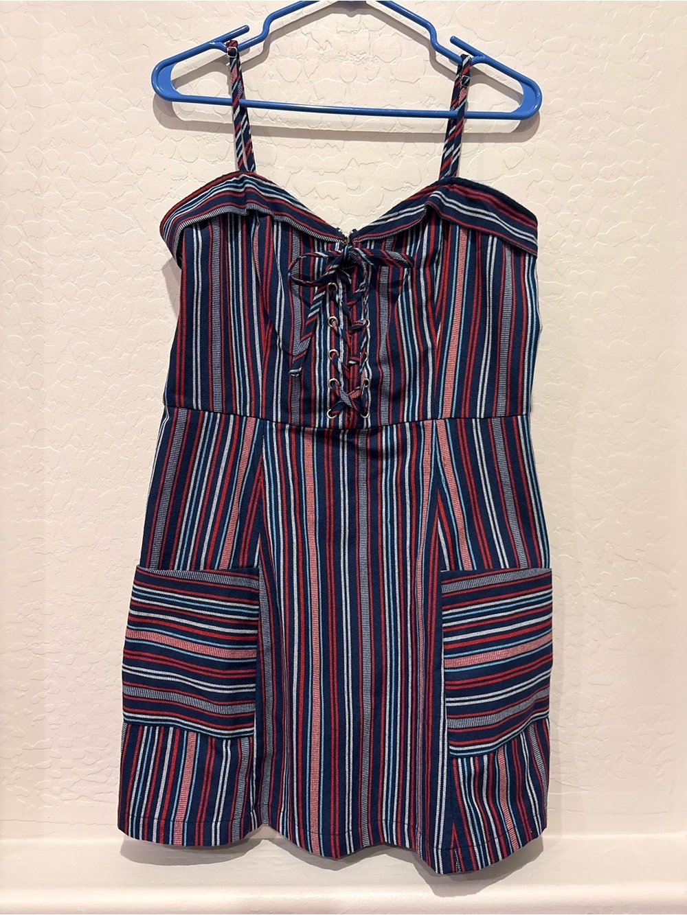GB Striped Lace-Up Mini Dress in Navy, Red and Light Blue